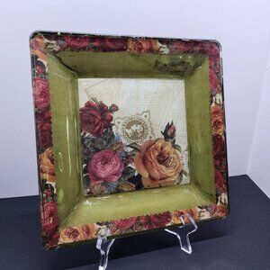 Handmade Unique Mod Podge Square Glass Plate 10'' Roses Design